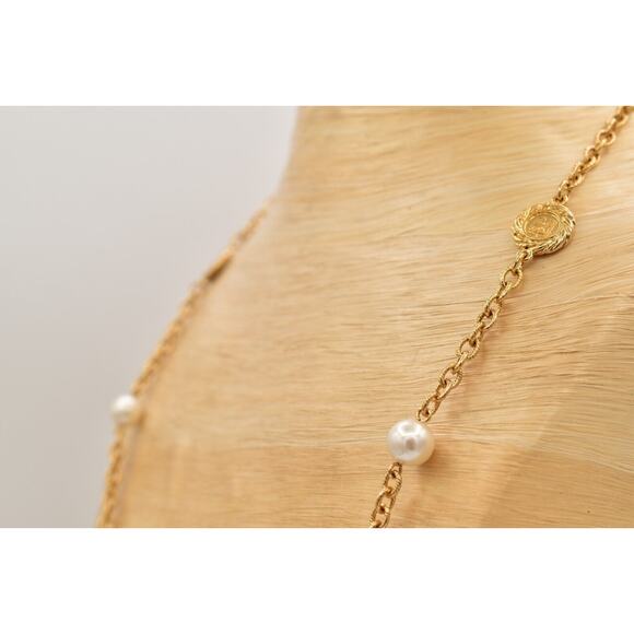 Givenchy Vintage Logo Coin Chain Necklace Station Pearl Gold Signed 1980s BinBJ